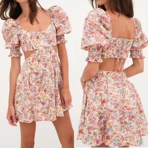 For Love & Lemons Arya Mushroom Floral Print Cut Out Mini Dress SZ LG